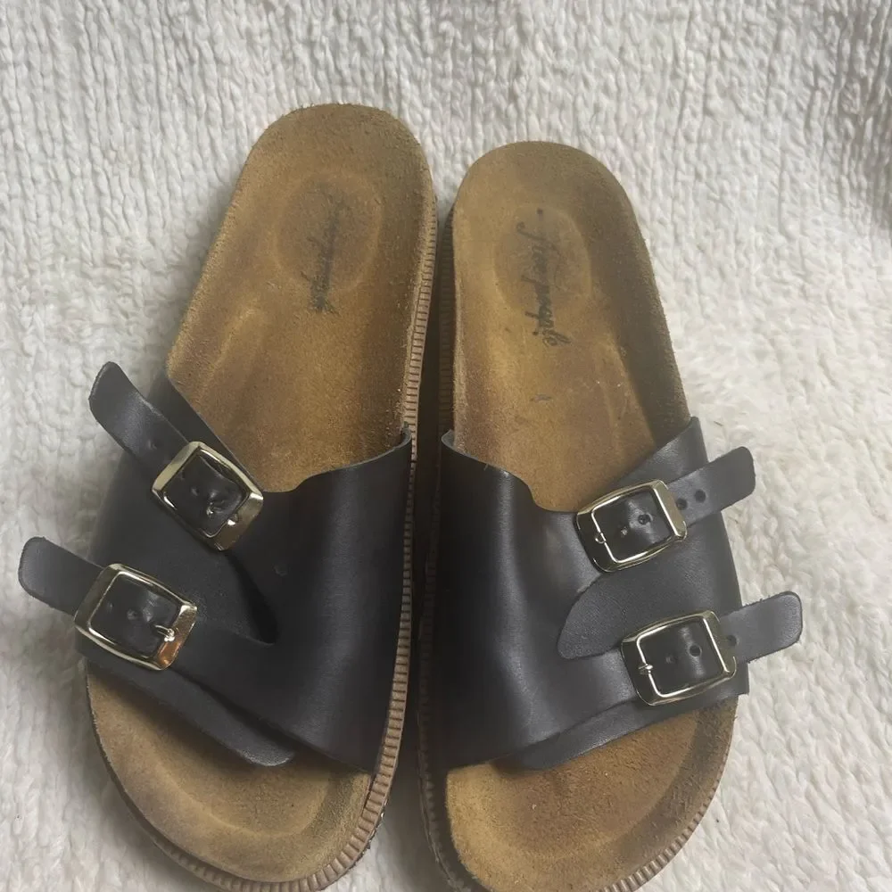 Free People caravelle leather Black Cork footbed Double Strap Sandals EUR SZ41